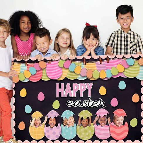 89 Pcs Easter Egg Bulletin Board Decorations Set Spring Bulletin Board Decorations for Classroom Happy Easter DIY Photo Backdrop Cutouts with Glue Point for Classroom Wall Office Decor in Kuwait