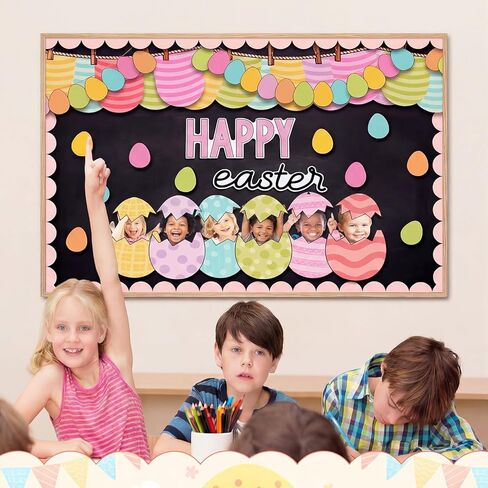 89 Pcs Easter Egg Bulletin Board Decorations Set Spring Bulletin Board Decorations for Classroom Happy Easter DIY Photo Backdrop Cutouts with Glue Point for Classroom Wall Office Decor in Kuwait