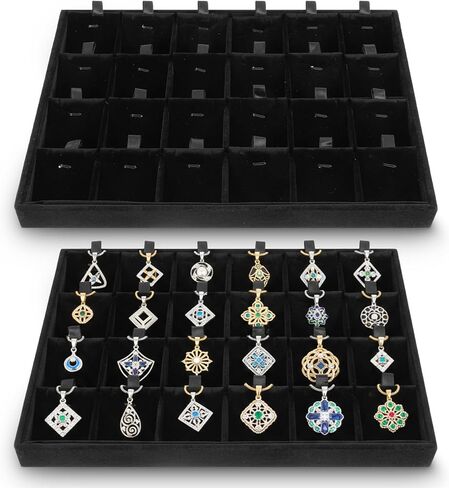 عبوتان من منظم صينية المجوهرات المخملية القابلة للتكديس مع فواصل قابلة للإزالة، 24 شبكة من صواني تخزين المجوهرات للأقراط والقلائد والأساور والخواتم، باللون الأسود in Kuwait