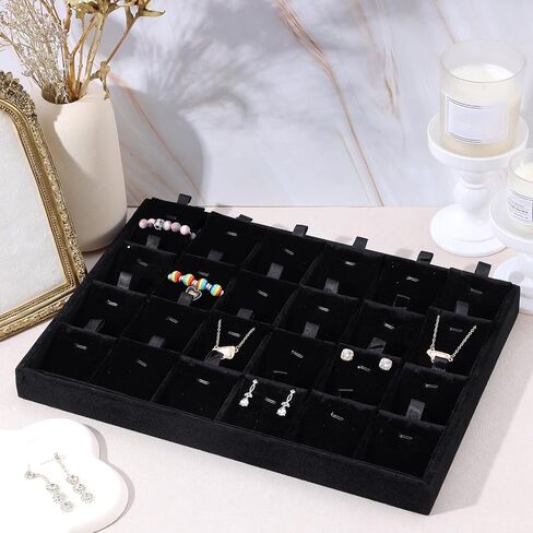 عبوتان من منظم صينية المجوهرات المخملية القابلة للتكديس مع فواصل قابلة للإزالة، 24 شبكة من صواني تخزين المجوهرات للأقراط والقلائد والأساور والخواتم، باللون الأسود in Kuwait