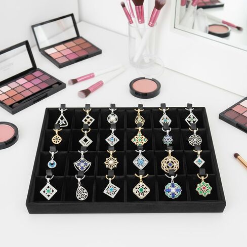 عبوتان من منظم صينية المجوهرات المخملية القابلة للتكديس مع فواصل قابلة للإزالة، 24 شبكة من صواني تخزين المجوهرات للأقراط والقلائد والأساور والخواتم، باللون الأسود in Kuwait