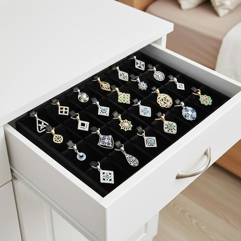 عبوتان من منظم صينية المجوهرات المخملية القابلة للتكديس مع فواصل قابلة للإزالة، 24 شبكة من صواني تخزين المجوهرات للأقراط والقلائد والأساور والخواتم، باللون الأسود in Kuwait