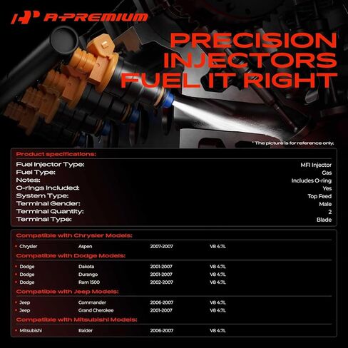 A-Premium 4 Holes Fuel Injectors Compatible with Chrysler Aspen & Dodge Ram 1500, Durango, Dakota & Jeep Grand Cherokee, Commander & Mitsubishi Raider, 4.7L, Set of 8, Replace# 8001482N in Saudi Arabia