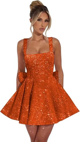 Sparkly Sequin Corset Prom Dresses 2026 Square Neck Short Homecoming Pageant Party Dress with Bow in Kuwait