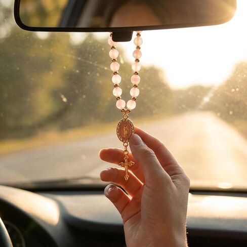 Car Rosary for Rearview Mirrors,Steering Wheel Rosary Charm Accessory,Rosaries Hanging Pendants with Virgin Mary Charms and Crucifixes,Christian Car Accessories in Kuwait