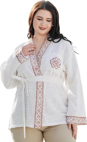 SARJANA Women's Cotton Short Kimono Cardigan Tie Front Robe Swimwear Bathing Suit Cover Ups FREE SIZE in Kuwait