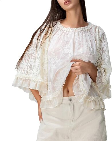 قميص نسائي بوهو من الدانتيل المتدفق بأكمام واسعة وكشكشة شفافة غير رسمية فضفاضة شفافة لتغطية بلوزة الصيف ملابس الشاطئ in Kuwait