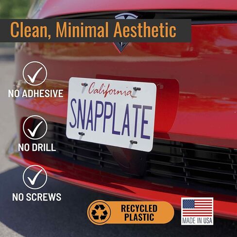 SnapPlate+ Front License Plate Holder - Fits Tesla Model S (Mar 2021-2025) - Grille-Safe Non-Metal Design, Anti-Theft, Removable, Height-Adjustable, USA Made in Saudi Arabia