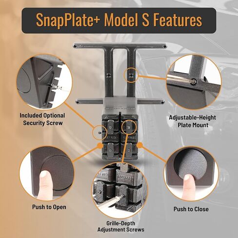 SnapPlate+ Front License Plate Holder - Fits Tesla Model S (Mar 2021-2025) - Grille-Safe Non-Metal Design, Anti-Theft, Removable, Height-Adjustable, USA Made in Kuwait