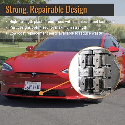 SnapPlate+ Front License Plate Holder - Fits Tesla Model S (Mar 2021-2025) - Grille-Safe Non-Metal Design, Anti-Theft, Removable, Height-Adjustable, USA Made in Saudi Arabia