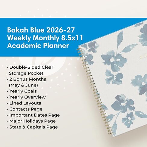 Blue Sky 2026-2027 Weekly and Monthly Academic Year Planner Calendar, July 2026 - June 2027, 8.5" x 11", Flexible Cover, Wirebound, Storage Pocket, Bakah Blue in Saudi Arabia