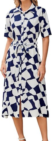 BROVAVE المرأة 2024 الصيف قصيرة الأكمام قميص اللباس التعادل الخصر زر أسفل الحيوانات الملمس عارضة ميدي اللباس in Kuwait