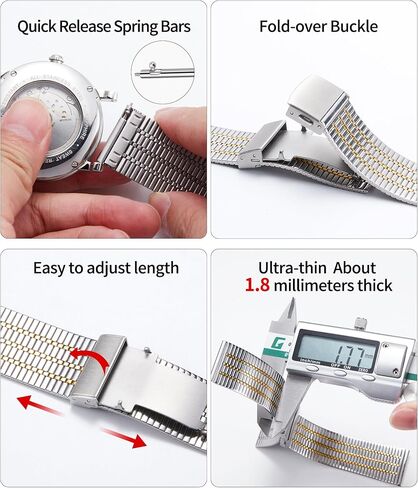 BINLUN Stainless Steel Watch Bands, Ultra Thin Metal Replacement Straps for Men Women, 12/14/16/18/20/22mm(Silver and Gold,22mm) in Saudi Arabia