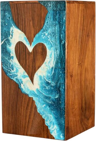 Handcrafted Wooden Urn Box with Blue Ocean Resin Heart Design | Memorial Keepsake Box for Human Ashes | Wooden Cremation Urn (Keepsake - (5x3) 20 Cubic/Inch) in Kuwait