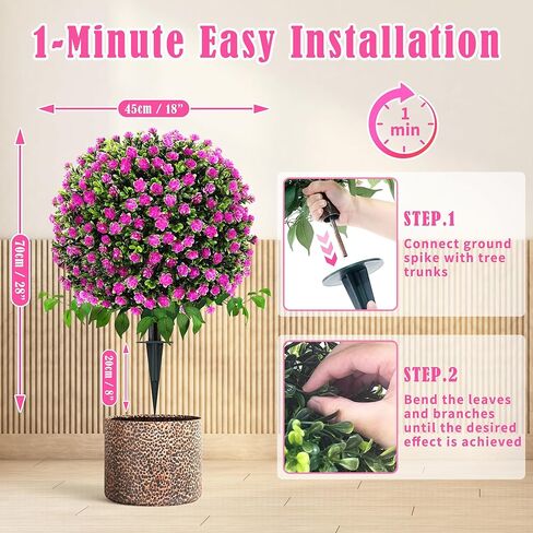 Artificial Boxwood Topiary Trees with Roses, 2 Pack Lifelike Evergreen Shrubs Featuring Ground Spike, Artificial Plants UV Protected for Year-Round Beauty in Indoor Outdoor Gardens and Porches in Kuwait