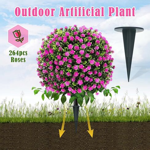 Artificial Boxwood Topiary Trees with Roses, 2 Pack Lifelike Evergreen Shrubs Featuring Ground Spike, Artificial Plants UV Protected for Year-Round Beauty in Indoor Outdoor Gardens and Porches in Kuwait