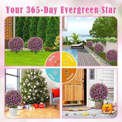 Artificial Boxwood Topiary Trees with Roses, 2 Pack Lifelike Evergreen Shrubs Featuring Ground Spike, Artificial Plants UV Protected for Year-Round Beauty in Indoor Outdoor Gardens and Porches in Kuwait