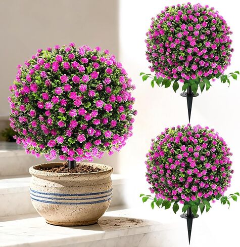 Artificial Boxwood Topiary Trees with Roses, 2 Pack Lifelike Evergreen Shrubs Featuring Ground Spike, Artificial Plants UV Protected for Year-Round Beauty in Indoor Outdoor Gardens and Porches in Kuwait