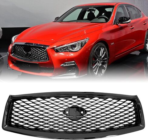 Gloss Black Grille For Infiniti Q50 Front Hood Upper Mesh Bumper Grill W/Camera Hole 2014 2015 2016 2017 in Kuwait