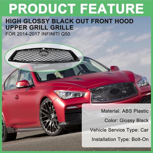 Gloss Black Grille For Infiniti Q50 Front Hood Upper Mesh Bumper Grill W/Camera Hole 2014 2015 2016 2017 in Kuwait