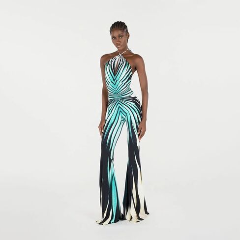 بذلة مثيرة للنساء بطباعة مخططة وربطة عنق وظهر مكشوف وسروال رومبير ملابس النادي للخروج in Kuwait