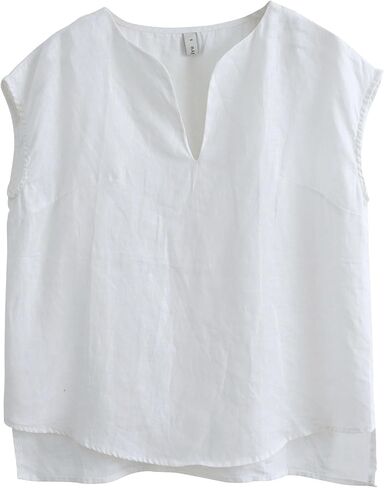 بلوزة Amazhiyu النسائية 100% من الكتان برقبة على شكل حرف V وأكمام قصيرة، بلوزة صيفية أساسية كاجوال in Kuwait