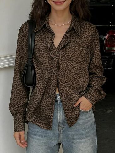 Women's Leopard Print Button Down Shirt Casual Long Sleeve Blouse with Pockets in Saudi Arabia