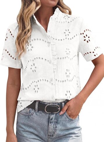Funlingo Womens Summer Tops Dressy Casual Short Sleeve Lace Hollow Eyelet Ruffle Blouses Embroidered Button Down Shirt in Kuwait