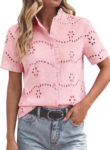 Funlingo Womens Summer Tops Dressy Casual Short Sleeve Lace Hollow Eyelet Ruffle Blouses Embroidered Button Down Shirt in Saudi Arabia