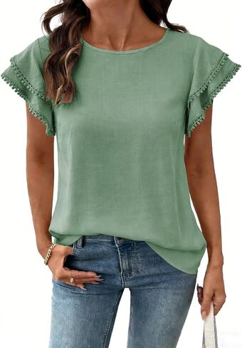 Dokotoo Summer Tops for Women 2026 Casual Round Neck Ruffle Cap Sleeve Blouse Shirts Solid Color Tunic Tops in Saudi Arabia