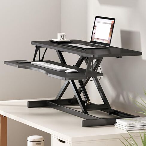 32 Inch Desk Converter, Height Adjustable Sit to Stand Riser, Dual Monitor and Laptop Workstation with Wide Keyboard Tray, Black in Saudi Arabia