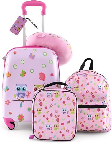 BABY JOY Kids Luggage, 5 Pieces Luggage Set w/ 16" Carry-on Hardshell Spinner Toddler Suitcase, 13" Backpack, Neck Pillow & Insulated Lunch Bag, Travel Kids Rolling Suitcase for Girls Boys (Pink Owl) in Saudi Arabia