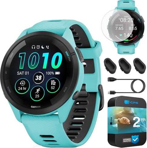 Garmin 010-02810-04 Forerunner 265S GPS Smartwatch, Whitestone/Neo Tropic Bundle with Workout Cooling Sport Towel + Deco Essentials Wearable Commuter Front & Rear Safety Light in Saudi Arabia