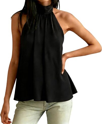 Women Chiffon Halter Tank Top Sexy Sleeveless Mock Neck Bubble Hem Tops Going Out Backless Shirts in Kuwait