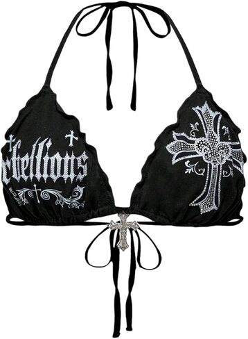 WDIRARA Women's Plus Size Goth Graphic Halter Tops Tie Backless Sleeveless Camisole Grunge Punk Y2k Crop Tops in Saudi Arabia