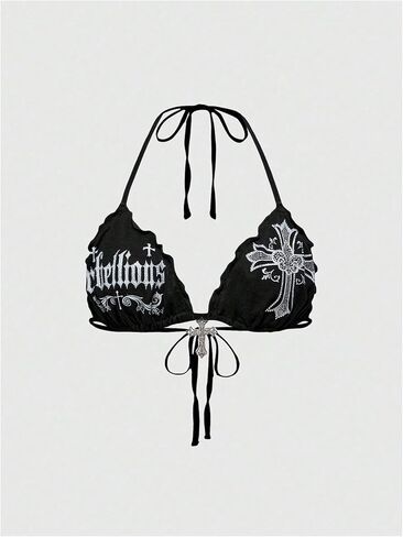 WDIRARA Women's Plus Size Goth Graphic Halter Tops Tie Backless Sleeveless Camisole Grunge Punk Y2k Crop Tops in Saudi Arabia