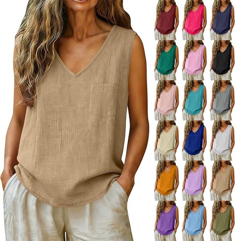Cotton Linen Tank Tops for Women V Neck Causal Sleeveless Summer Gauze Linen Shirts Plus Size Camisole Summer 2026 in Saudi Arabia