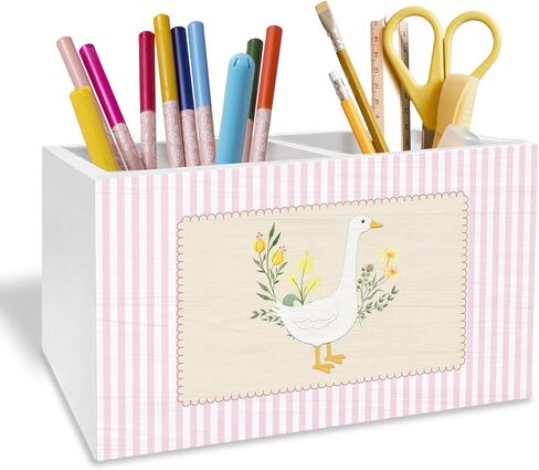 Pink Floral Goose Pen Pencil Holder for Desk, Goose Nursery Decor, Pink and White Striped Flower Geese Wooden Box Sign Desk Decor for Kids Girls Room Nursery Playroom Decoration in Saudi Arabia