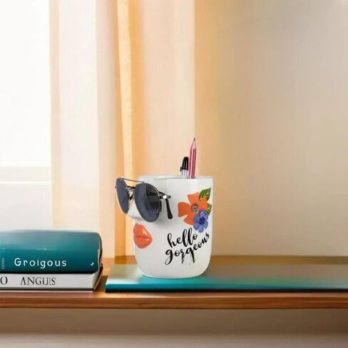 Young's Inc Ceramic Eyeglass and Stationery Holder Cup – White Face Desk Organizer with Sunglass Stand, 5 InchMulti-Purpose Accessories Organizer for Home, Office, Vanity, or Nightstand Decor in Kuwait