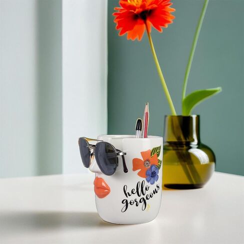 Young's Inc Ceramic Eyeglass and Stationery Holder Cup – White Face Desk Organizer with Sunglass Stand, 5 InchMulti-Purpose Accessories Organizer for Home, Office, Vanity, or Nightstand Decor in Kuwait