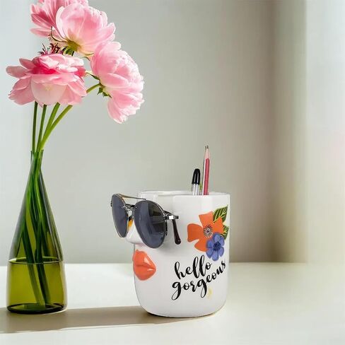 Young's Inc Ceramic Eyeglass and Stationery Holder Cup – White Face Desk Organizer with Sunglass Stand, 5 InchMulti-Purpose Accessories Organizer for Home, Office, Vanity, or Nightstand Decor in Kuwait