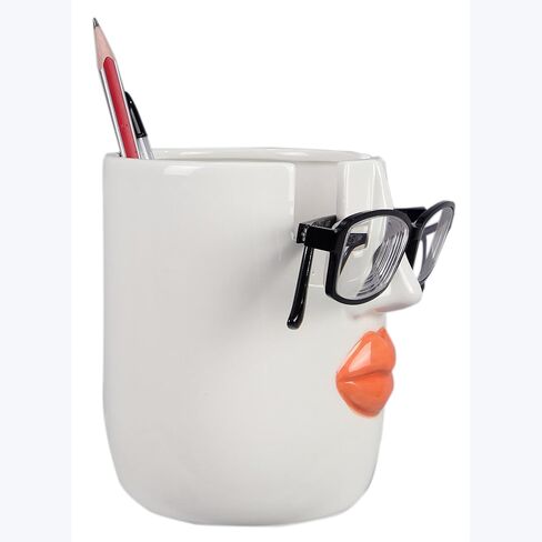 Young's Inc Ceramic Eyeglass and Stationery Holder Cup – White Face Desk Organizer with Sunglass Stand, 5 InchMulti-Purpose Accessories Organizer for Home, Office, Vanity, or Nightstand Decor in Kuwait