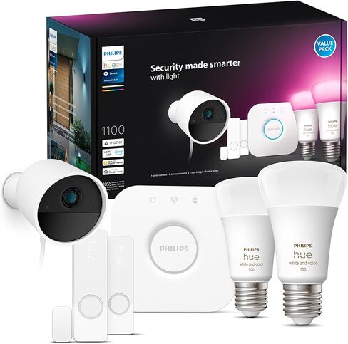 Philips Hue Secure Starter Kit With (1) Bridge, (1) Secure Wired Camera (White), (2) Secure Contact Sensor (White), (2) 75W A19 Bulb, White & Color Ambiance - Works With Security Center in the Hue App in Kuwait