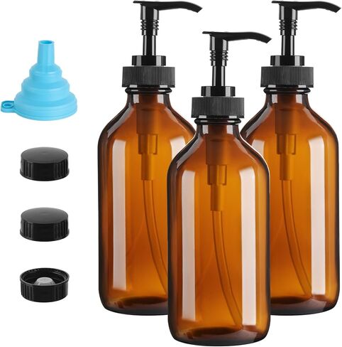 زجاجات توزيع زجاجية كهرمانية سعة 8 أونصة، 3 عبوات، موزع صابون قابل لإعادة الملء مع مضخة خالية من التنقيط، حاويات زجاجية بنية للمطبخ والحمام - صابون الأطباق والشامبو والغسول والبلسم وغسول الجسم in Kuwait