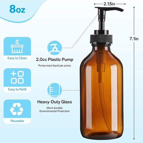 زجاجات توزيع زجاجية كهرمانية سعة 8 أونصة، 3 عبوات، موزع صابون قابل لإعادة الملء مع مضخة خالية من التنقيط، حاويات زجاجية بنية للمطبخ والحمام - صابون الأطباق والشامبو والغسول والبلسم وغسول الجسم in Kuwait