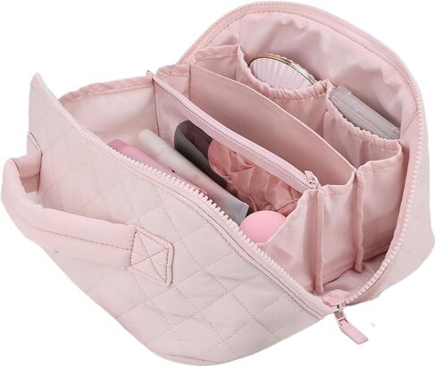 Travel Makeup Bag for Women, 2Pcs Large Capacity 180 Lay-Flat Toiletry Organizer with Brush Compartment, Waterproof Quilted Cosmetic Bag with Multiple Pockets for Travel, Vacation, Business Trip in Saudi Arabia