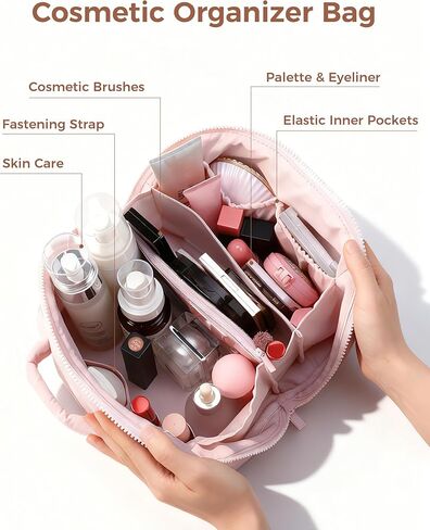 Travel Makeup Bag for Women, 2Pcs Large Capacity 180 Lay-Flat Toiletry Organizer with Brush Compartment, Waterproof Quilted Cosmetic Bag with Multiple Pockets for Travel, Vacation, Business Trip in Saudi Arabia