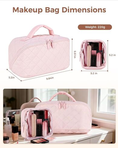 Travel Makeup Bag for Women, 2Pcs Large Capacity 180 Lay-Flat Toiletry Organizer with Brush Compartment, Waterproof Quilted Cosmetic Bag with Multiple Pockets for Travel, Vacation, Business Trip in Saudi Arabia