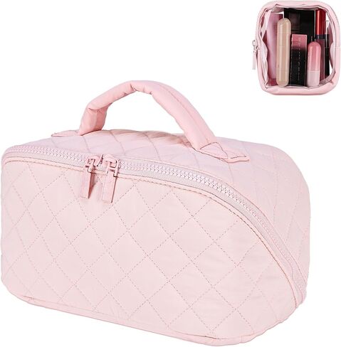 Travel Makeup Bag for Women, 2Pcs Large Capacity 180 Lay-Flat Toiletry Organizer with Brush Compartment, Waterproof Quilted Cosmetic Bag with Multiple Pockets for Travel, Vacation, Business Trip in Saudi Arabia