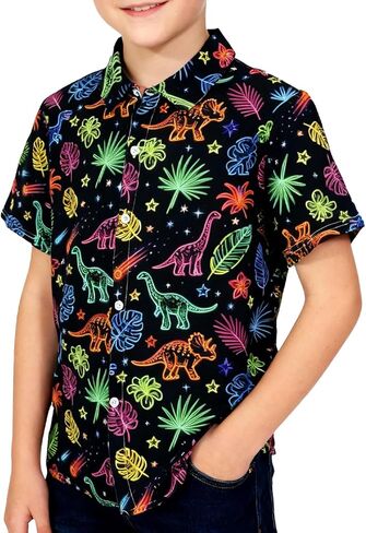 قمصان بأزرار سفلية على شكل ديناصور هاواي للأطفال، سترة استوائية بتصميم حيوانات نيون ريترو، قمصان للشاطئ للأولاد والبنات من عمر 5 إلى 12 سنة in Kuwait